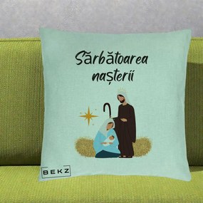 Perna Decorativa Nasterea Domnului Sfanta Familie Sarbatoarea Nasterii, 40x40 cm, Verde Menta, Husa Detasabila, Perna Inclusa, BEKZ®