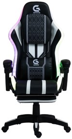 Scaun gaming HOFRE, boxe Bluetooth, sistem iluminare bandă LED RGB, masaj în perna lombară, suport picioare, PU, Negru/Alb