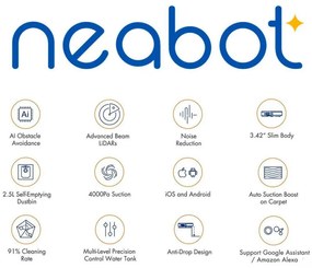 Robot aspirator Neabot NoMo Q11, Li-ion 5200 mAh, Wi-Fi, 50W, 4000 Pa, 2.5 l, Curatare uscata / umeda, Filtru HEPA lavabil, Autogolire, Alb / Negru