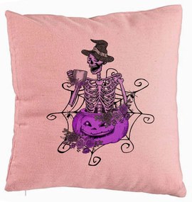 Perna Decorativa cu motiv Sechelet de Halloween 4, 40x40 cm, Roz, Husa Detasabila, Burduf