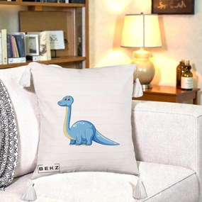 Perna Personalizata Brontosaur Albastru, 40x40 cm, Bej cu Franjuri, Husa Detasabila, Perna Inclusa, BEKZ®