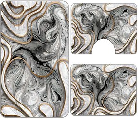 Set covoare baie antiderapante, 3 piese, model abstract gri cu accente aurii