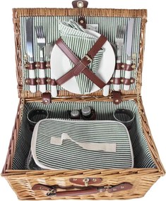 Coș de picnic mic din răchită împletită cu căptușeală în dungi verzi, pentru 4 persoane, „Vendela Small Green"