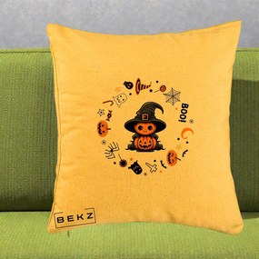 Perna Decorativa Halloween Dovleac Vrajitor Boo cu Simboluri, 40x40 cm, Galben, Husa Detasabila, Perna Inclusa, BEKZ®