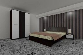Dormitor Luiza 3U4PTM, culoare magia (wenge) / alb, cu pat tapiterie maro 140 x 200, dulap cu 3 usi 123 cm si 2 noptiere