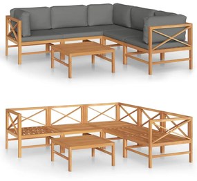 Set mobilier gradina cu perne gri, 6 piese, lemn masiv de tec Gri, 3x colt + 2x mijloc + masa, 1