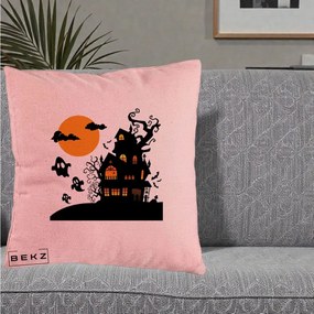 Perna Decorativa Halloween Casa Bantuita cu Fantome, 40x40 cm, Roz, Husa Detasabila, Perna Inclusa, BEKZ®