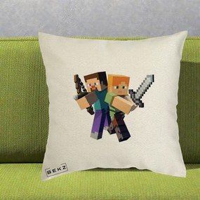 Perna Personalizata Minecraft Steve si Alex, 40x40 cm, Ecru, Husa Detasabila, Perna Inclusa, BEKZ®