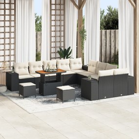 vidaXL Set de canapea pentru grădină , 13 piese, cu perne, negru, din ratan sintetic, acacia.