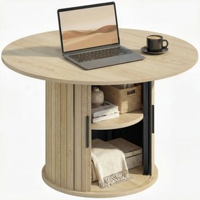 HOMCOM Masă de cafea rotundă, masă pentru living cu depozitare, ușă glisantă cu lamele, 2 rafturi, efect lemn natural | Aosom Romania