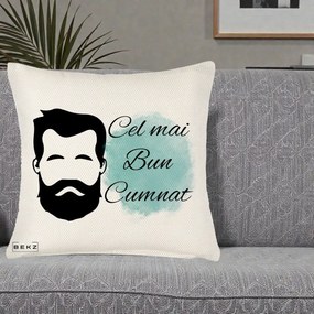 Cadou pentru Cumnat - Perna Personalizata Cel mai Bun Cumnat cu Portret Barbat si Pete Teal, 40x40 cm, Crem Reliefat, Husa Detasabila, Perna Inclusa, BEKZ®