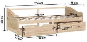 Pat de zi cu 3 locuri cu sertare, 90x200 cm, lemn masiv de pin Maro