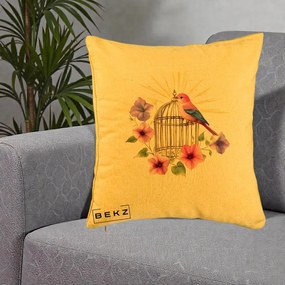 Perna Decorativa Pasare Roz pe Colivie Aurie cu Flori, 40x40 cm, Galben, Husa Detasabila, Perna Inclusa, BEKZ®