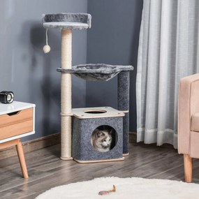 PawHut Ansamblu Joacă Pisici, Lemn/Plush, Zona Zgâriat, Design Atractiv, 48x34x95 cm, Gri-Bej | Aosom Romania