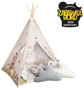 Cort de joaca Happy Bear, saltea impermeabila inclusa, 4 perne, Indian Teepee din Bumbac, BabySteps