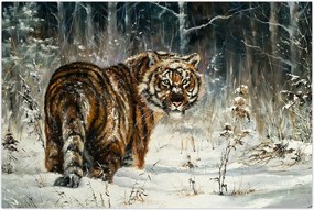 Tablou - Tigru într-o pădure înzăpezită, pictură în ulei (90x60 cm)