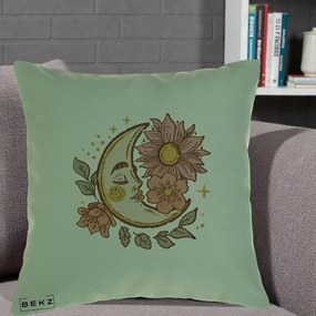 Perna Personalizata Luna Boho Chip Floral, 40x40 cm, Verde, Husa Detasabila, Perna Inclusa, BEKZ®