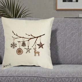 Perna Decorativa Ornamente de Lemn pe Ramura, 40x40 cm, Ecru, Husa Detasabila, Perna Inclusa, BEKZ®