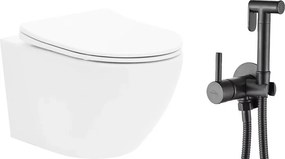 Pachet vas wc suspendat Rea Carlo Mini Basic, capac softclose si set dus igiena intima negru cu baterie incastrata Invena Bidetta
