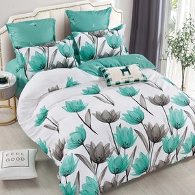 Lenjerie de pat cu 2 fete, tesatura tip finet, 6 piese, pat 2 persoane, alb / turquoise, FNJ-325
