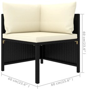 Set mobilier de gradina cu perne, 7 piese, negru, poliratan Negru, 2x colt + 2x mijloc + fotoliu + 2x suport pentru picioare, 1