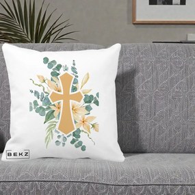 Perna Personalizata Cruce Florala Botez, 40x40 cm, Alba Mata, Husa Detasabila, Perna Inclusa, BEKZ®