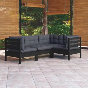 3096374 vidaXL Set mobilier grădină cu perne, 4 piese, negru, lemn de pin