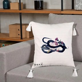 Perna Decorativa Sarpe Negru cu Flori Gothic, 40x40 cm, Bej cu Franjuri, Husa Detasabila, Perna Inclusa, BEKZ®