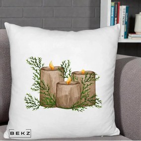 Perna Decorativa Lumanari Rustice cu Crengute Brad, 40x40 cm, Alb Pufos, Husa Detasabila, Perna Inclusa, BEKZ®