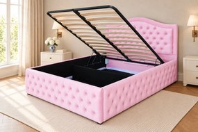 Pat tapițat Chesterfield din catifea Solaria Deluxe Cristal 120×200 cm, roz, cu ladă de depozitare