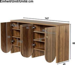 Bufet cu 4 uși, dulap de depozitare versatil pentru living, sufragerie, 147×40×80 cm, Culoare naturală