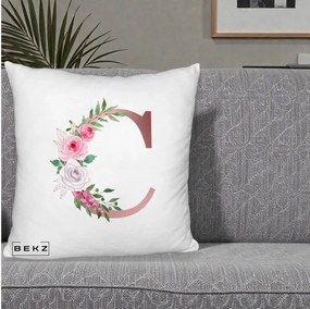 Cadou Personalizat - Perna Personalizata Monograma Rose Gold Litera C, 40x40 cm, Alb Pufos, Husa Detasabila, Perna Inclusa, BEKZ®