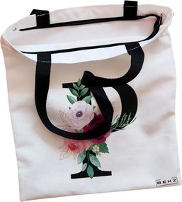 Sacosa de Panza pentru Cumparaturi, Geanta Tote, Cu litera P si Trandafiri, Cu fermoar, 38x34.5 cm, Alba, BEKZ®
