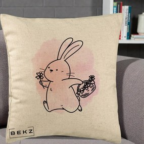 Perna Decorativa Iepuras Kawaii cu Cosulet Floral, 40x40 cm, Bej, Husa Detasabila, Perna Inclusa, BEKZ®