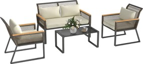 Outsunny Set mobilier de grădină din polyrattan pentru 4 persoane, rezistent la intemperii, set balcon cu canapea 2 locuri, 2 scaune, masă cu sticlă, perne Bej | Aosom Romania