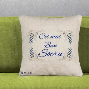 Cadou pentru Socru - Perna Personalizata Cel mai Bun Socru cu Ramuri Frunze Albastre si Aurii, 40x40 cm, Bej Canapea, Husa Detasabila, Perna Inclusa, BEKZ®
