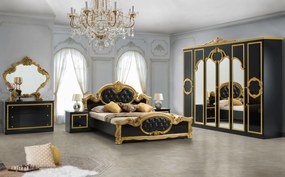 Dormitor Barocco, culoare negru / auriu, cu pat tapitat 160 x 200 cm, dulap cu 6 usi si oglinda, comoda, 2 noptiere (saltea si somiera incluse)
