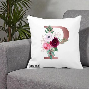 Cadou Personalizat - Perna Personalizata Monograma Rose Gold Litera P, 40x40 cm, Alba Mata, Husa Detasabila, Perna Inclusa, BEKZ®