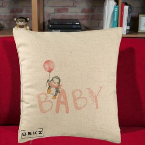 Perna Personalizata Baby Pinguin Roz, 40x40 cm, Bej, Husa Detasabila, Perna Inclusa, BEKZ®