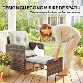 Outsunny Set de Mobilier de Grădină din Rattan 5 Piese, Set de Mobilier Exterior cu 2 Suporturi pentru Picioare, 2 Fotolii, Masă de Cafea cu 2 Niveluri, Perne, pentru Balcon, Terasă, Patio, Maro/Crem | Aosom Romania