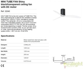 Ventilator de tavan modern cu telecomanda MINI TUBE FAN negru lucios/transparent 32040