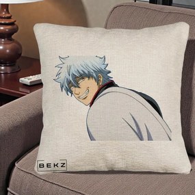Perna Personalizata Gintama Gintoki Portret cu Zambet, 40x40 cm, Bej Canapea, Husa Detasabila, Perna Inclusa, BEKZ®