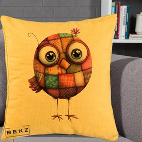 Perna Decorativa Pasare Patchwork Roz cu Floare, 40x40 cm, Galben, Husa Detasabila, Perna Inclusa, BEKZ®