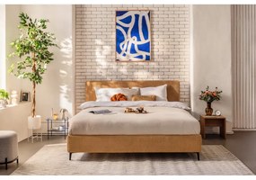 Pat dublu tapițat cu saltea și somieră 160x200 cm în culoarea muștar Noira Slim - Bonami Selection