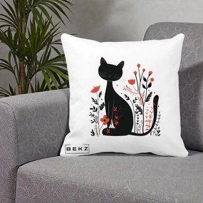 Perna Decorativa Pisica Neagra Flori Rosii Folk Minimal, 40x40 cm, Alba Mata, Husa Detasabila, Perna Inclusa, BEKZ®