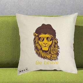 Perna Decorativa Leu Hipster Be Brave, 40x40 cm, Ecru, Husa Detasabila, Perna Inclusa, BEKZ®
