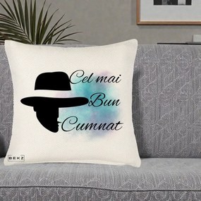 Cadou pentru Cumnat - Perna Personalizata Cel mai Bun Cumnat cu Silueta Palarie si Pete Teal-Roz, 40x40 cm, Crem Reliefat, Husa Detasabila, Perna Inclusa, BEKZ®