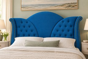 Pat tapițat Chesterfield din catifea Velora 180×200 cm, albastru, cu ladă de depozitare