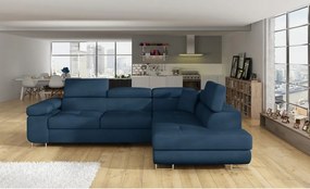 Colțar albastru extensibil/cu spațiu de depozitare cu tapițerie din catifea (cu colț pe partea dreaptă/în formă de ”L”) Anton – ELTAP