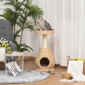 PawHut Pom de Zgariere pentru Pisici Kätzchen Möbel cu Cuib pentru Pisici Jucărie pentru Bile Sisal Pluș Moale Înălțime 82,5 cm Galben | Aosom Romania